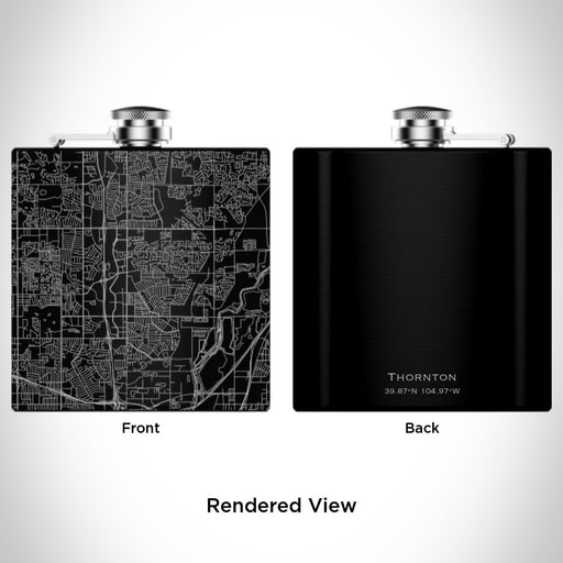 Rendered View of Thornton Colorado Map Engraving on 6oz Stainless Steel Flask in Black