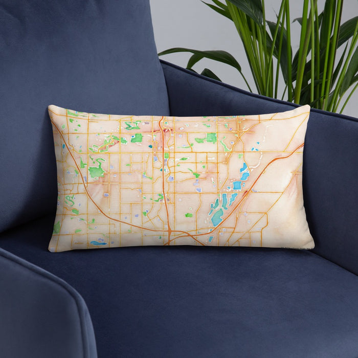Custom Thornton Colorado Map Throw Pillow in Watercolor on Blue Colored Chair