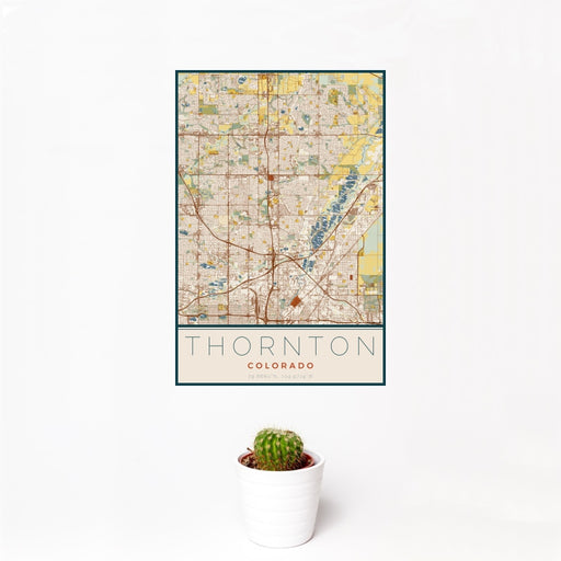 12x18 Thornton Colorado Map Print Portrait Orientation in Woodblock Style With Small Cactus Plant in White Planter