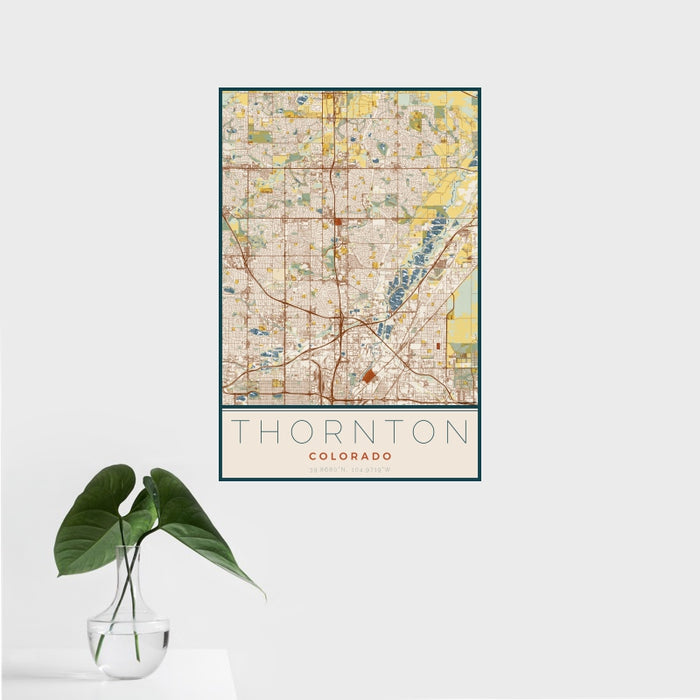 16x24 Thornton Colorado Map Print Portrait Orientation in Woodblock Style With Tropical Plant Leaves in Water