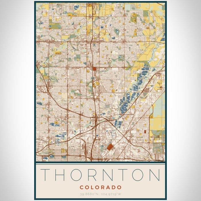 Thornton Colorado Map Print Portrait Orientation in Woodblock Style With Shaded Background
