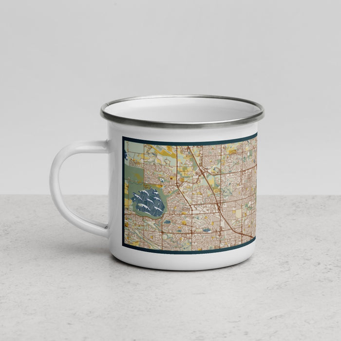 Left View Custom Thornton Colorado Map Enamel Mug in Woodblock