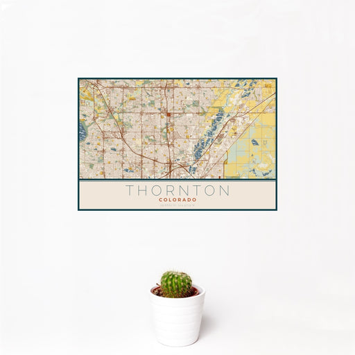 12x18 Thornton Colorado Map Print Landscape Orientation in Woodblock Style With Small Cactus Plant in White Planter