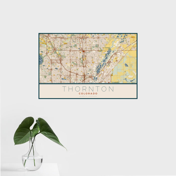 16x24 Thornton Colorado Map Print Landscape Orientation in Woodblock Style With Tropical Plant Leaves in Water
