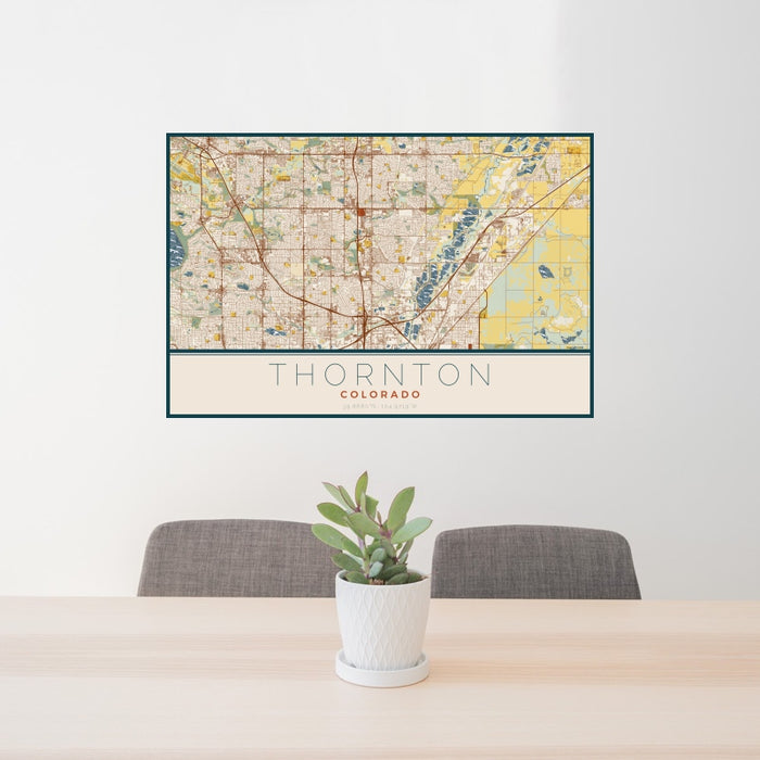 24x36 Thornton Colorado Map Print Landscape Orientation in Woodblock Style Behind 2 Chairs Table and Potted Plant