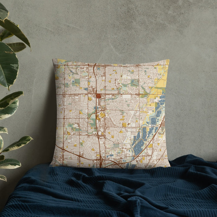 Custom Thornton Colorado Map Throw Pillow in Woodblock on Bedding Against Wall