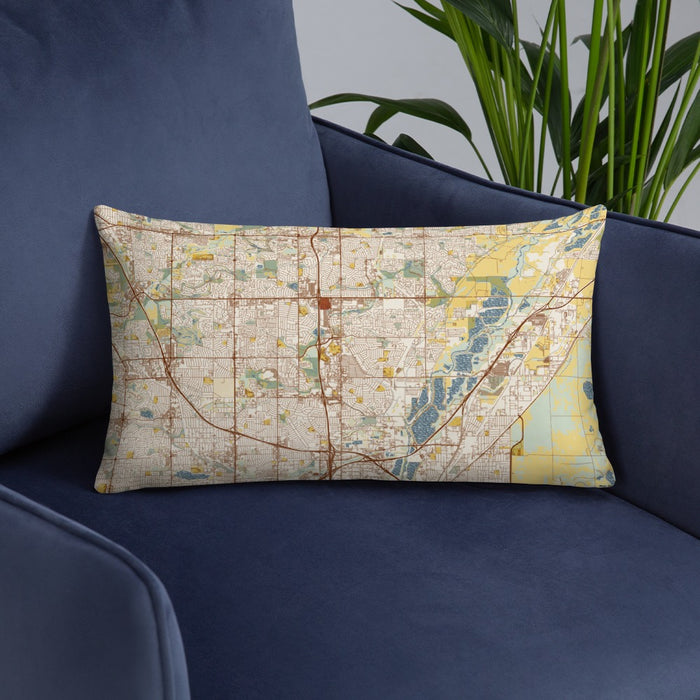 Custom Thornton Colorado Map Throw Pillow in Woodblock on Blue Colored Chair