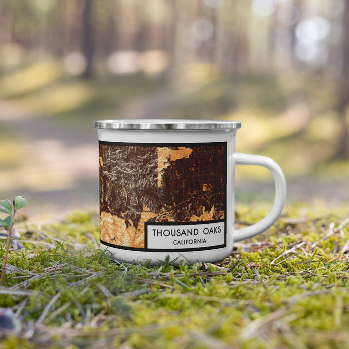 Right View Custom Thousand Oaks California Map Enamel Mug in Ember on Grass With Trees in Background