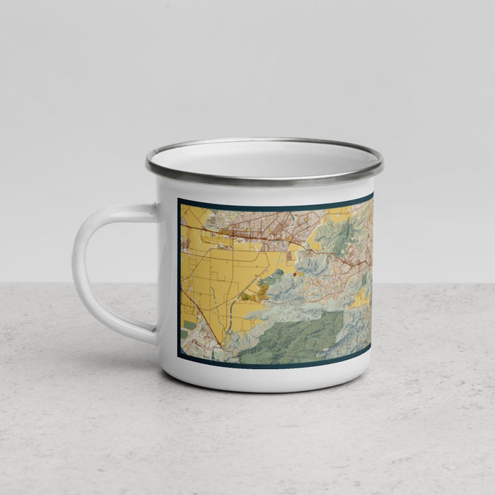 Left View Custom Thousand Oaks California Map Enamel Mug in Woodblock