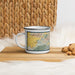 Left View Custom Thousand Oaks California Map Enamel Mug in Woodblock on Table Top