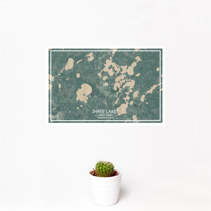 12x18 Three Lakes Wisconsin Map Print Landscape Orientation in Afternoon Style With Small Cactus Plant in White Planter