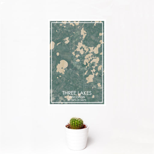 12x18 Three Lakes Wisconsin Map Print Portrait Orientation in Afternoon Style With Small Cactus Plant in White Planter