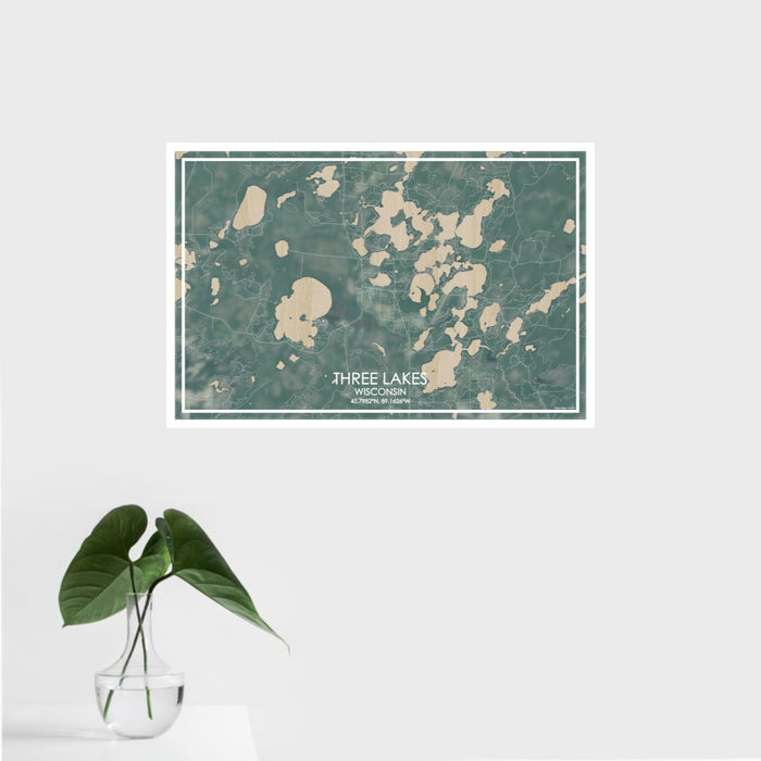 16x24 Three Lakes Wisconsin Map Print Landscape Orientation in Afternoon Style With Tropical Plant Leaves in Water