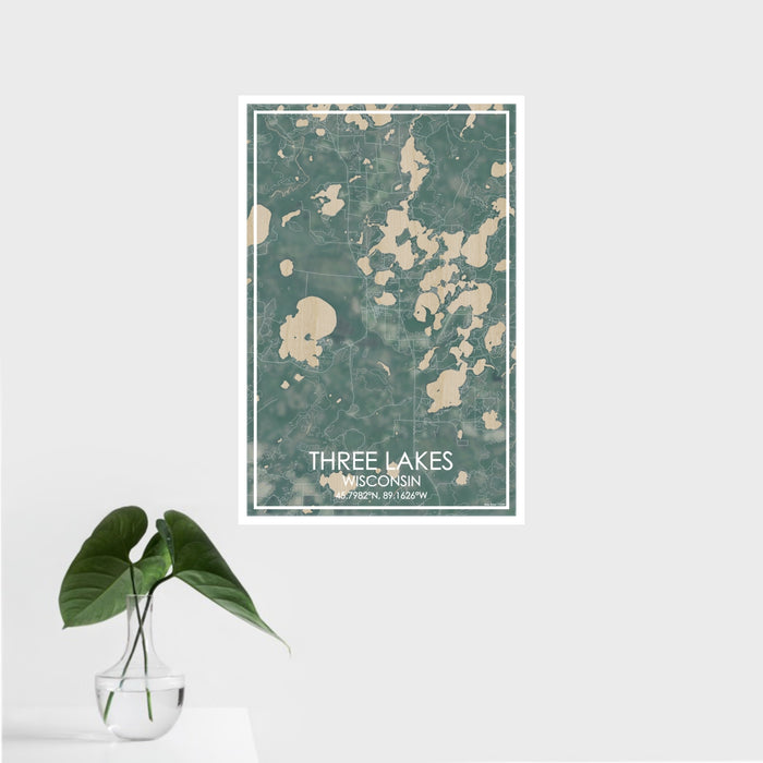 16x24 Three Lakes Wisconsin Map Print Portrait Orientation in Afternoon Style With Tropical Plant Leaves in Water