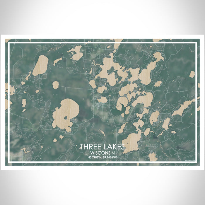 Three Lakes Wisconsin Map Print Landscape Orientation in Afternoon Style With Shaded Background