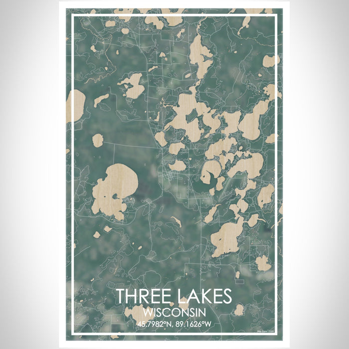 Three Lakes Wisconsin Map Print Portrait Orientation in Afternoon Style With Shaded Background