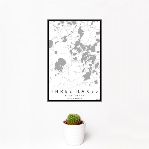 12x18 Three Lakes Wisconsin Map Print Portrait Orientation in Classic Style With Small Cactus Plant in White Planter
