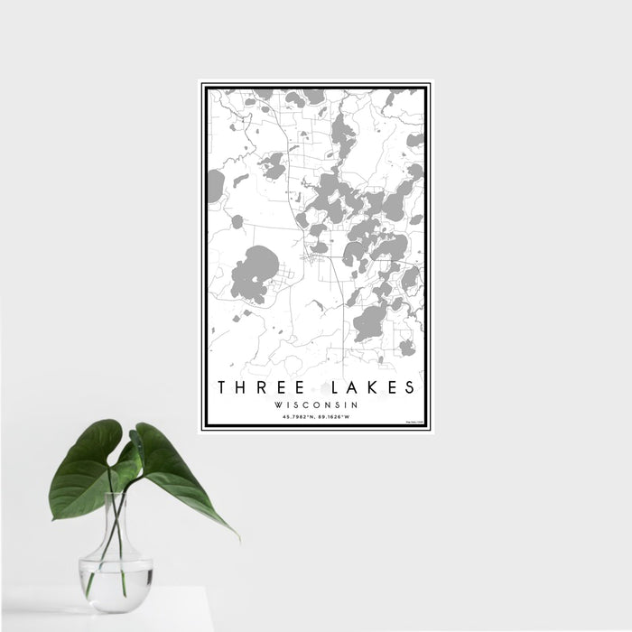 16x24 Three Lakes Wisconsin Map Print Portrait Orientation in Classic Style With Tropical Plant Leaves in Water