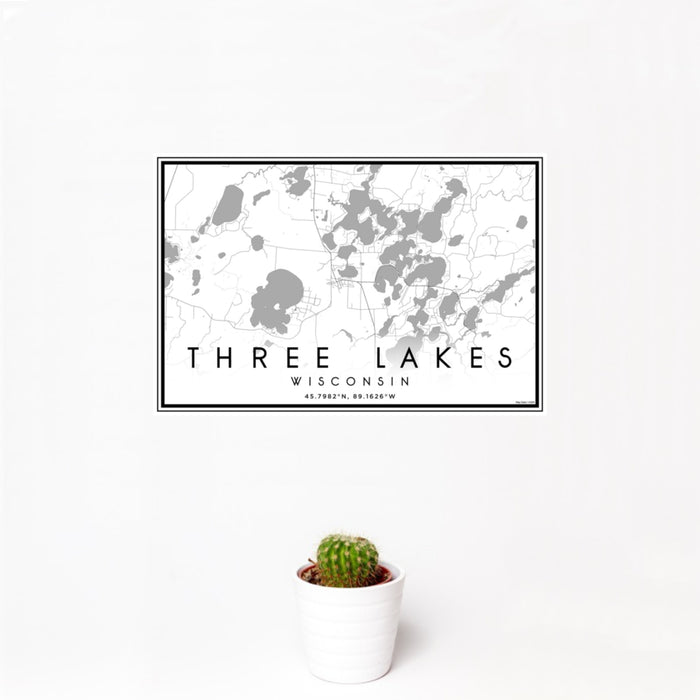 12x18 Three Lakes Wisconsin Map Print Landscape Orientation in Classic Style With Small Cactus Plant in White Planter