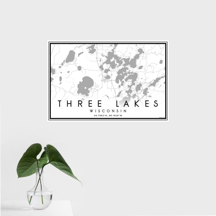 16x24 Three Lakes Wisconsin Map Print Landscape Orientation in Classic Style With Tropical Plant Leaves in Water