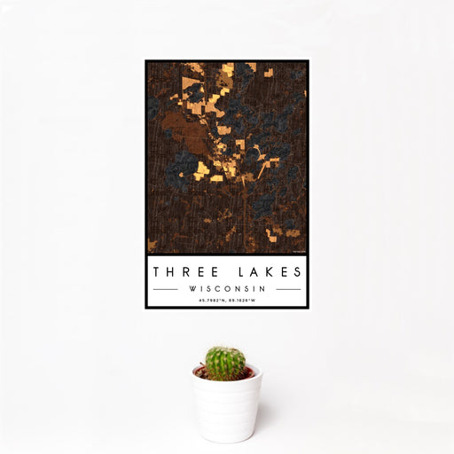 12x18 Three Lakes Wisconsin Map Print Portrait Orientation in Ember Style With Small Cactus Plant in White Planter
