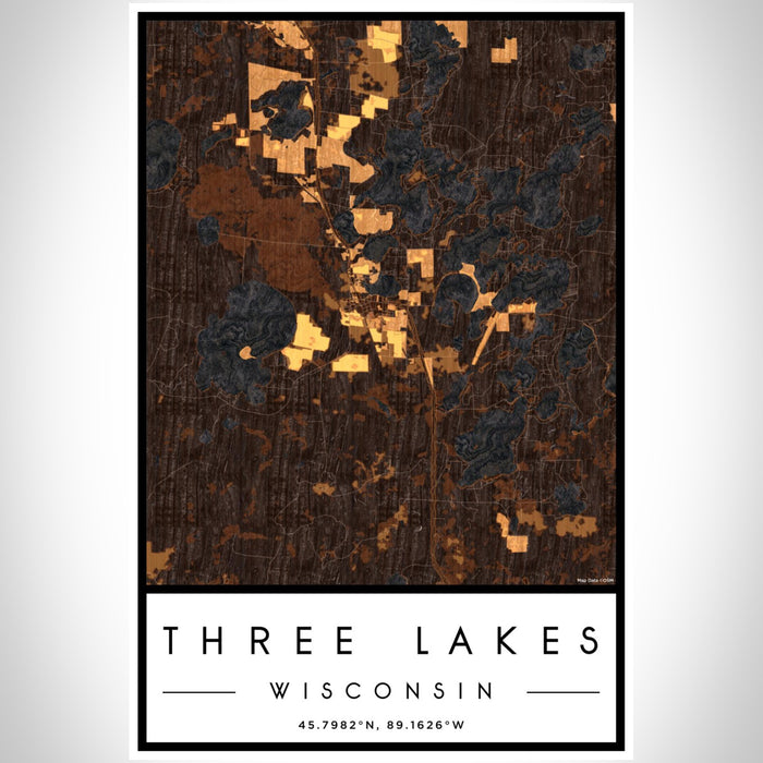 Three Lakes Wisconsin Map Print Portrait Orientation in Ember Style With Shaded Background
