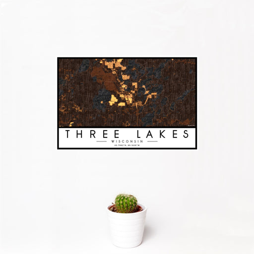 12x18 Three Lakes Wisconsin Map Print Landscape Orientation in Ember Style With Small Cactus Plant in White Planter