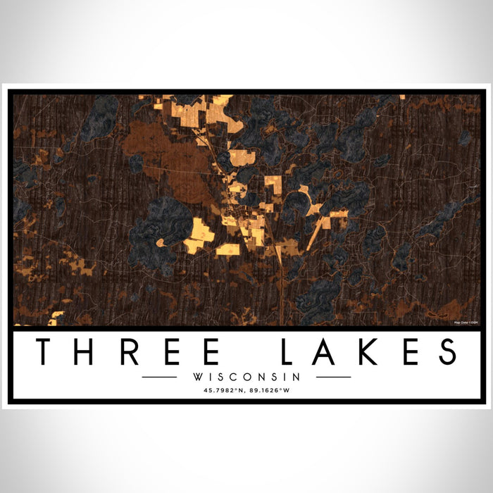 Three Lakes Wisconsin Map Print Landscape Orientation in Ember Style With Shaded Background