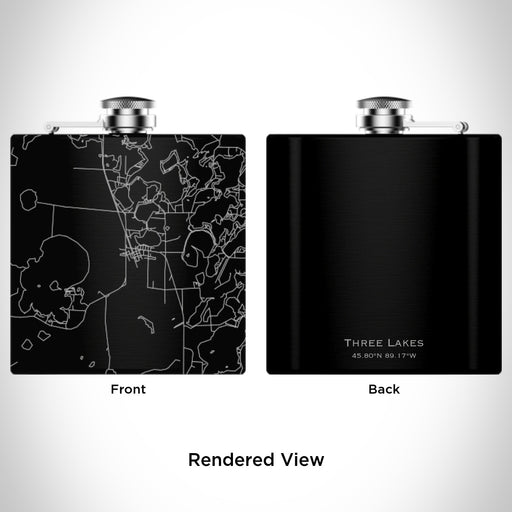 Rendered View of Three Lakes Wisconsin Map Engraving on 6oz Stainless Steel Flask in Black