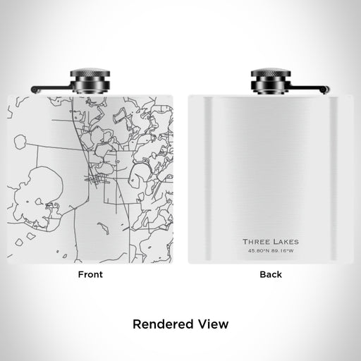 Rendered View of Three Lakes Wisconsin Map Engraving on 6oz Stainless Steel Flask in White