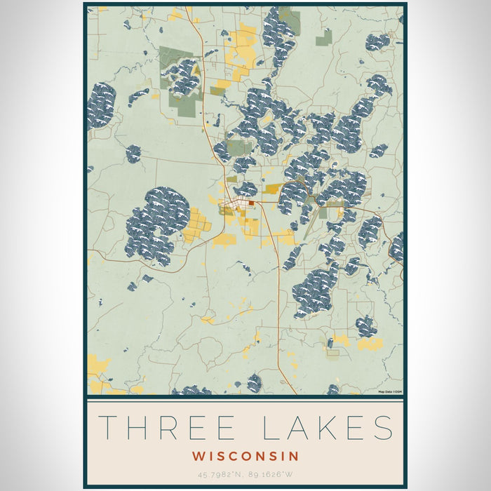 Three Lakes Wisconsin Map Print Portrait Orientation in Woodblock Style With Shaded Background