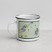Left View Custom Three Lakes Wisconsin Map Enamel Mug in Woodblock
