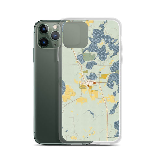 Custom Three Lakes Wisconsin Map Phone Case in Woodblock on Table with Laptop and Plant