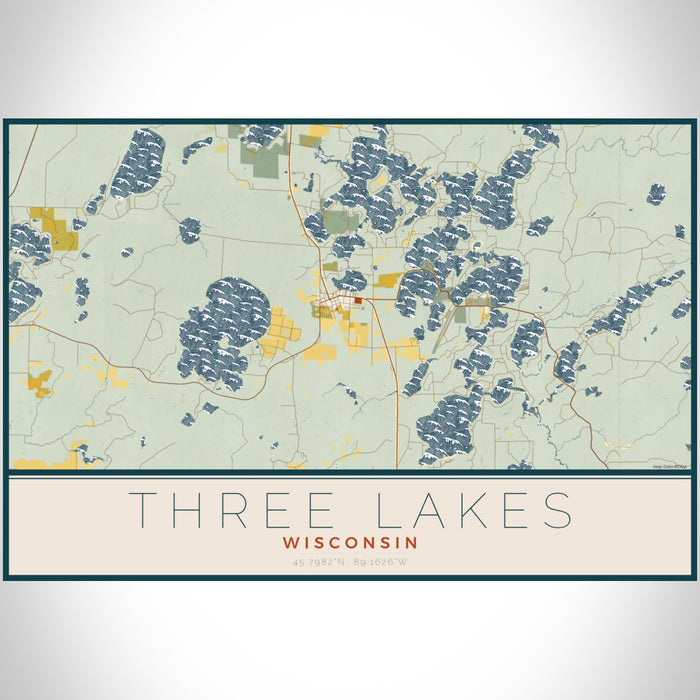 Three Lakes Wisconsin Map Print Landscape Orientation in Woodblock Style With Shaded Background
