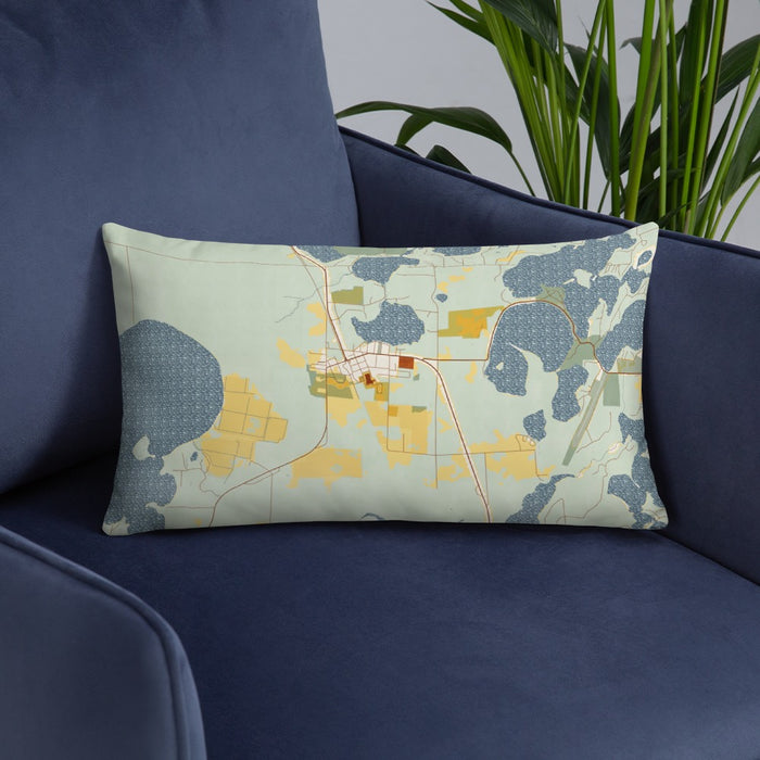 Custom Three Lakes Wisconsin Map Throw Pillow in Woodblock on Blue Colored Chair