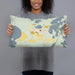 Person holding 20x12 Custom Three Lakes Wisconsin Map Throw Pillow in Woodblock