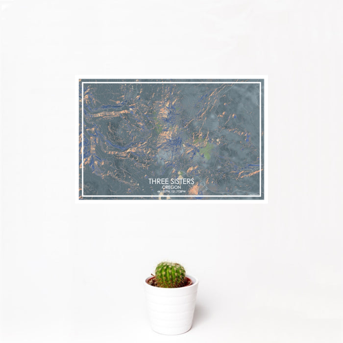 12x18 Three Sisters Oregon Map Print Landscape Orientation in Afternoon Style With Small Cactus Plant in White Planter