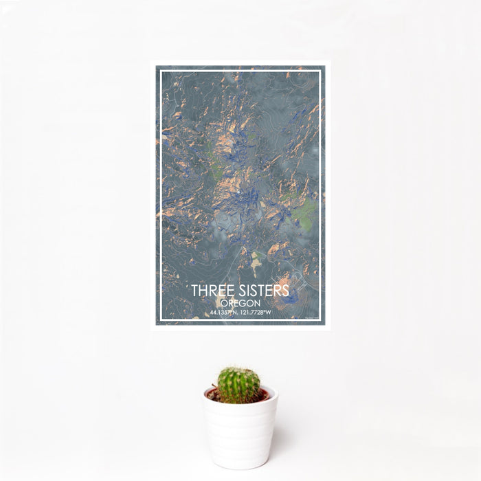 12x18 Three Sisters Oregon Map Print Portrait Orientation in Afternoon Style With Small Cactus Plant in White Planter