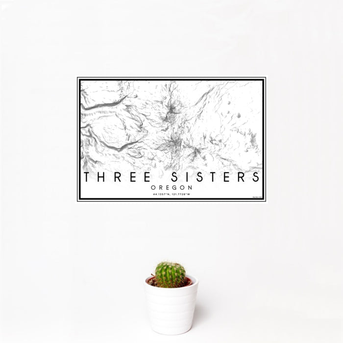 12x18 Three Sisters Oregon Map Print Landscape Orientation in Classic Style With Small Cactus Plant in White Planter