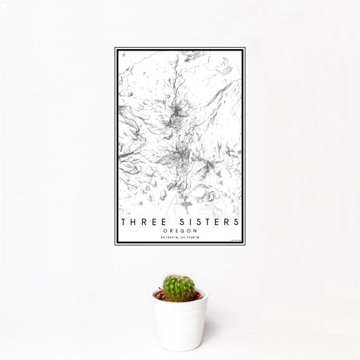 12x18 Three Sisters Oregon Map Print Portrait Orientation in Classic Style With Small Cactus Plant in White Planter