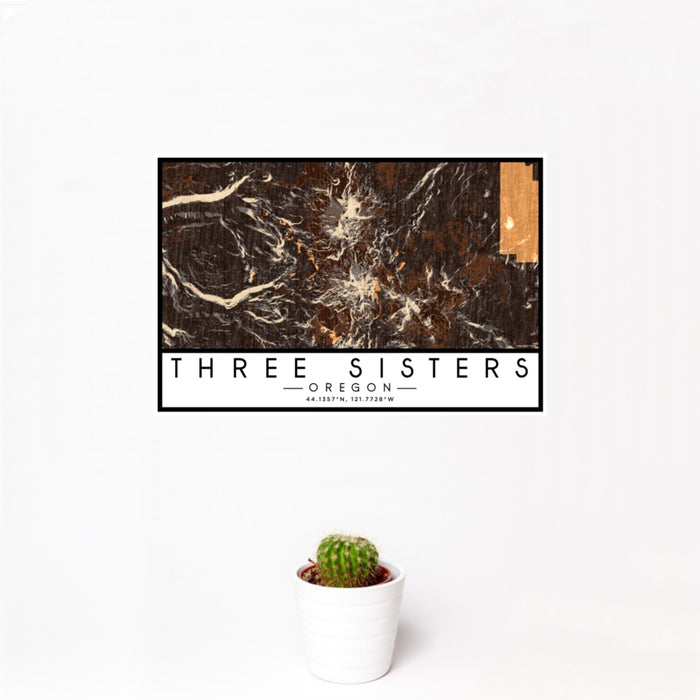 12x18 Three Sisters Oregon Map Print Landscape Orientation in Ember Style With Small Cactus Plant in White Planter