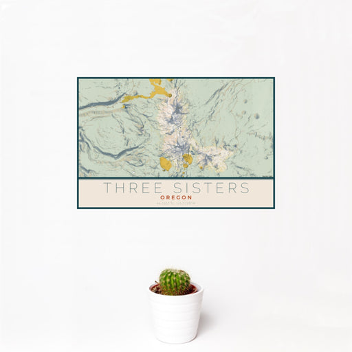 12x18 Three Sisters Oregon Map Print Landscape Orientation in Woodblock Style With Small Cactus Plant in White Planter