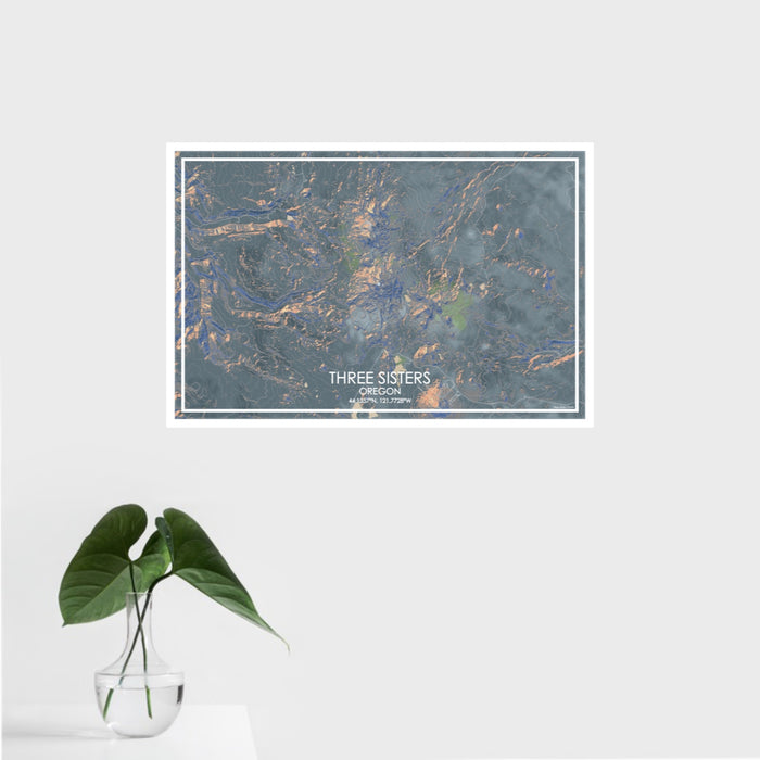 16x24 Three Sisters Oregon Map Print Landscape Orientation in Afternoon Style With Tropical Plant Leaves in Water