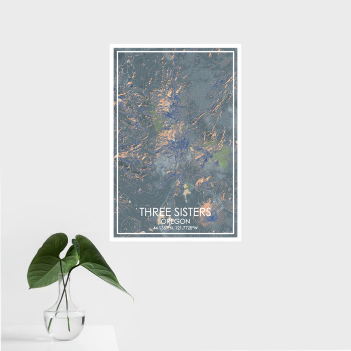 16x24 Three Sisters Oregon Map Print Portrait Orientation in Afternoon Style With Tropical Plant Leaves in Water