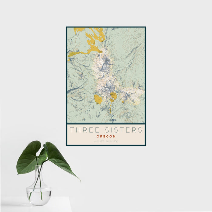 16x24 Three Sisters Oregon Map Print Portrait Orientation in Woodblock Style With Tropical Plant Leaves in Water