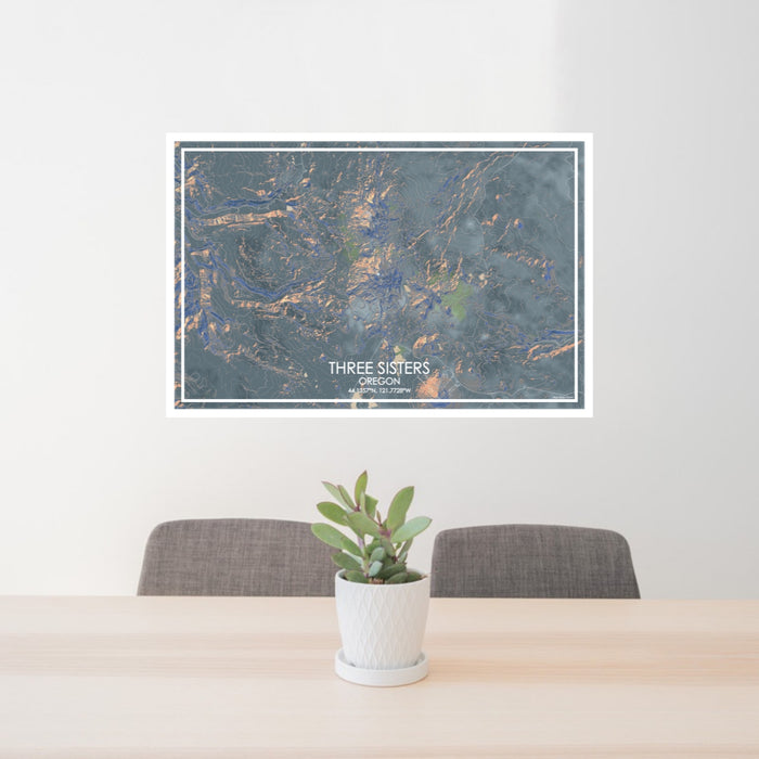 24x36 Three Sisters Oregon Map Print Lanscape Orientation in Afternoon Style Behind 2 Chairs Table and Potted Plant