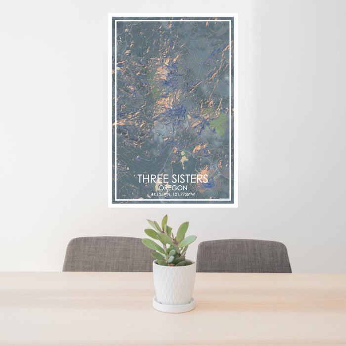 24x36 Three Sisters Oregon Map Print Portrait Orientation in Afternoon Style Behind 2 Chairs Table and Potted Plant