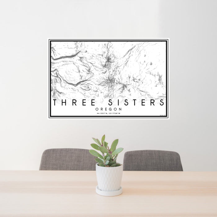 24x36 Three Sisters Oregon Map Print Lanscape Orientation in Classic Style Behind 2 Chairs Table and Potted Plant
