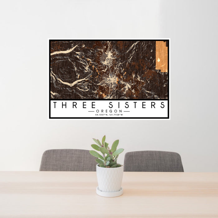 24x36 Three Sisters Oregon Map Print Lanscape Orientation in Ember Style Behind 2 Chairs Table and Potted Plant