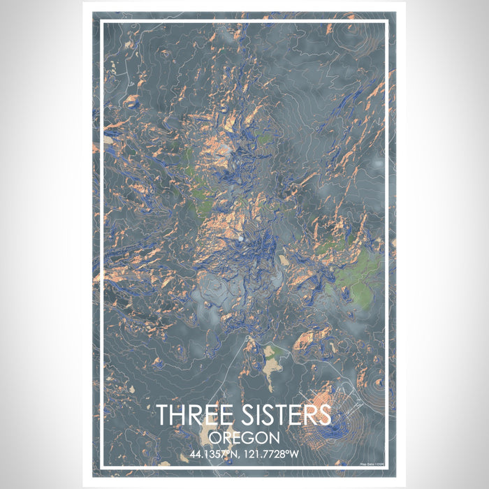 Three Sisters Oregon Map Print Portrait Orientation in Afternoon Style With Shaded Background